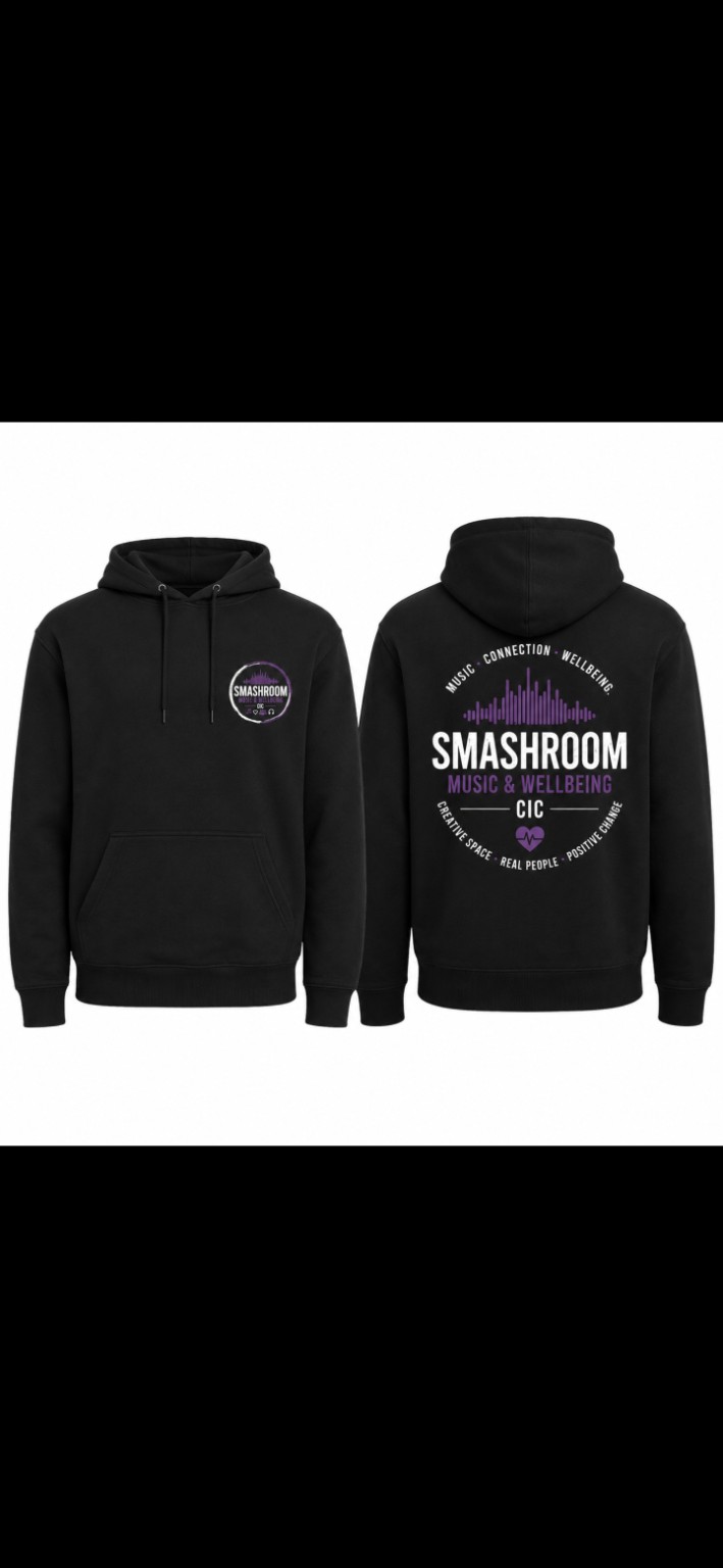 Black Smashroom Music and Wellbeing CIC hoodie, front and back